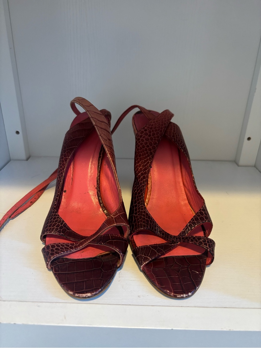 Zara Burgundy Croc-Embossed Strappy Heels